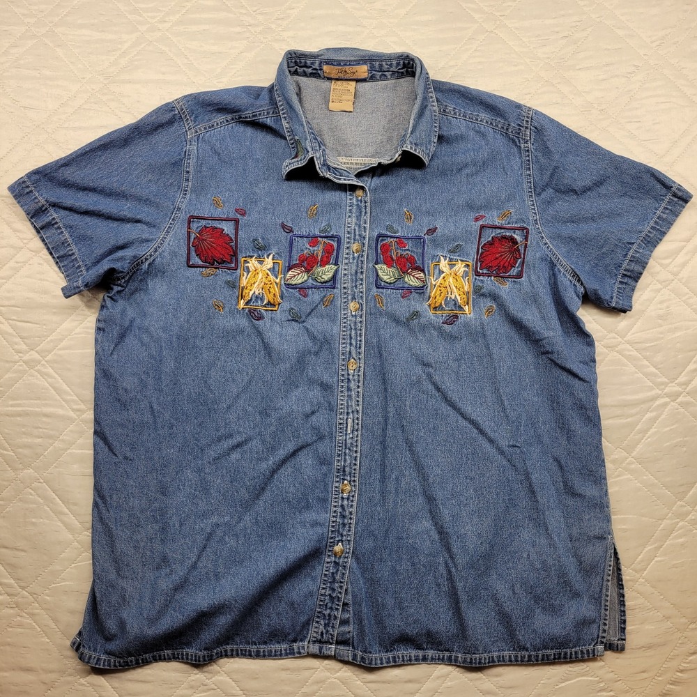 Just My Size Fall embroidered short sleeve denim shirt size 18W